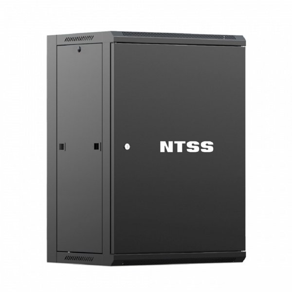 NTSS Шкаф настенный телекоммуникационный NTSS W 15U 600х600х770мм, 2 профиля 19, дверь сплошная металл, боковые стенки съемные, разобранный, черный RAL 9005 NTSS-W15U6060FD-BL