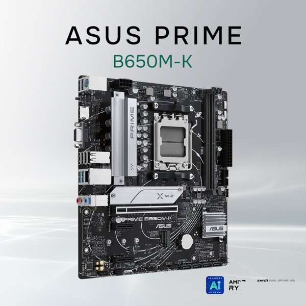 ASUS PRIME B650M-K (Socket AM5, mATX, 2xDDR5(96GB), VGA/HDMI 2.1, 1xPCIe 4.0x16/2xPCIe 4.0, 1xLAN (2.5GbE), 4xSATA 6Gb/s, 2xM.2, 4xUSB 3.2, 4xUSB 2.0, 1xPS/2)