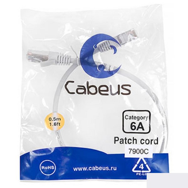 Cabeus PC-SSTP-RJ45-Cat.6a-0.5m-LSZH Патч-корд S/FTP, категория 6а (10G), 2xRJ45/8p8c, экранированный, серый, LSZH, 0.5м