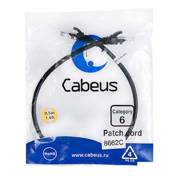 Cabeus PC-UTP-RJ45-Cat.6-0.5m-BK Патч-корд U/UTP, категория 6, 2xRJ45/8p8c, неэкранированный, черный, PVC, 0.5м