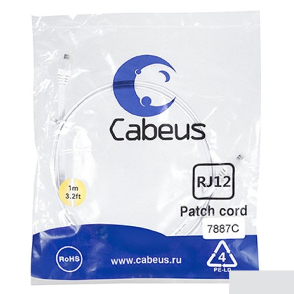 Cabeus PC-TEL-RJ12-1m Патч-корд телефонный 2х6р4с, белый, PVC, 1 м