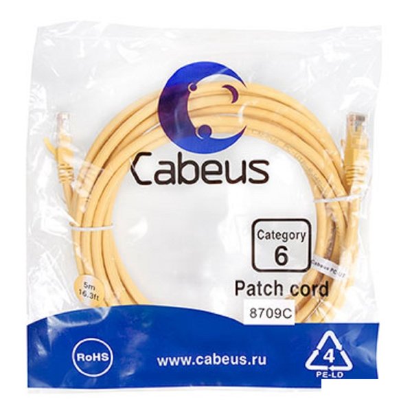 Cabeus PC-UTP-RJ45-Cat.6-5m-YL Патч-корд U/UTP, категория 6, 2xRJ45/8p8c, неэкранированный, желтый, PVC, 5м