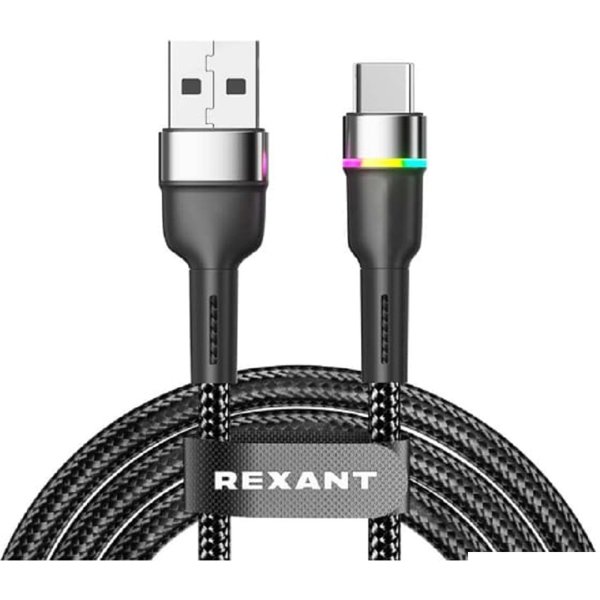Rexant (18-7065) Кабель USB-A – Type-C, 3А, 18Вт, 1м, в черной нейлоновой оплетке, с LED подсветкой