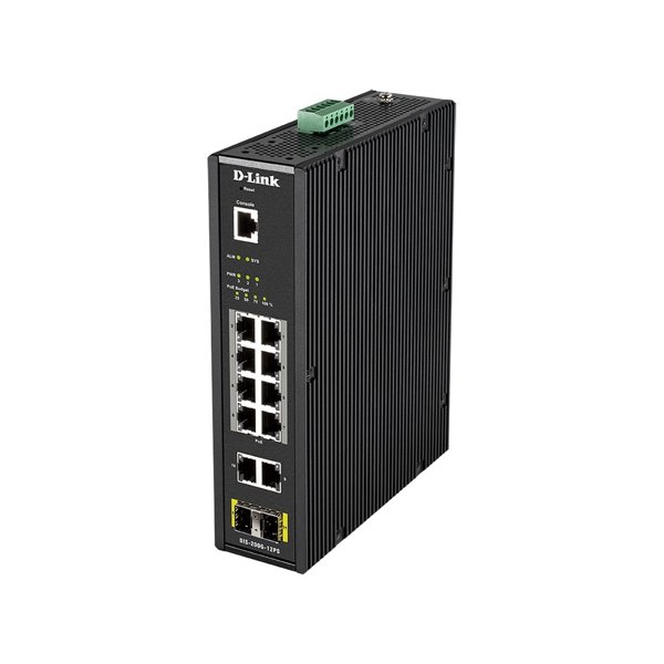 D-Link DIS-200G-12PS/A2A Промышленный управляемый коммутатор 2 уровня с 10 портами 10/100/1000Base-T и 2 портами 1000Base-X SFP (8 портов с поддержкой PoE 802.3af/802.3at (30 Вт), PoE-бюджет до 240Вт)