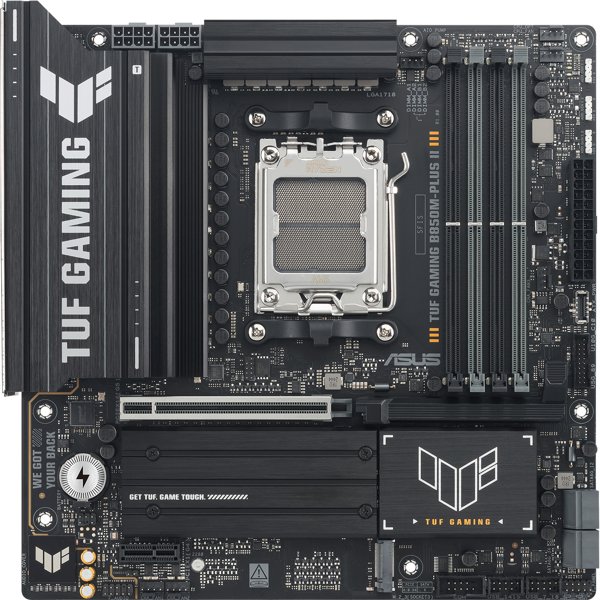 ASUS TUF GAMING B850M-PLUS II (Socket AM5, mATX, 4xDDR5(256GB), DP/HDMI, 1xPCIe 5.0x16/1xPCIe 4.0x16/1xPCIe 4.0, 1xLAN (2.5GbE), 4xSATA 6Gb/s, 3xM.2, 1xType-C, 7xUSB 3.2, 4xUSB 2.0)