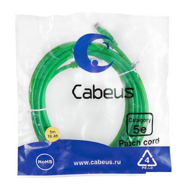Cabeus PC-UTP-RJ45-Cat.5e-5m-GN Патч-корд U/UTP, категория 5е, 2xRJ45/8p8c, неэкранированный, зеленый, PVC, 5м