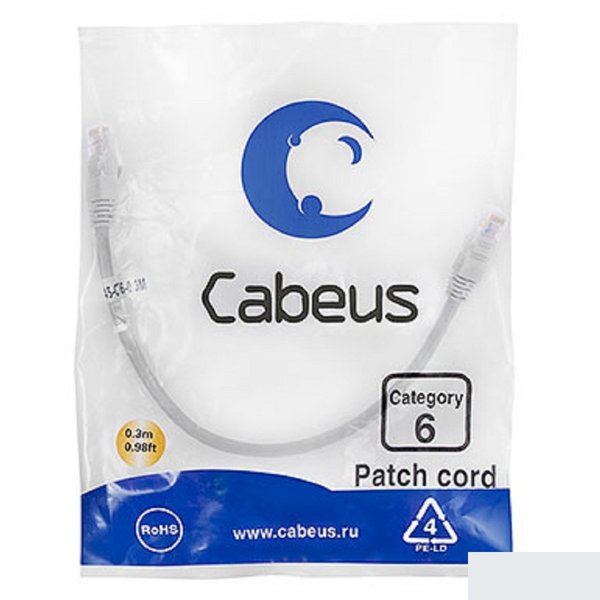 Cabeus PC-UTP-RJ45-Cat.6-0.3m Патч-корд U/UTP, категория 6, 2xRJ45/8p8c, неэкранированный, серый, PVC, 0.3м