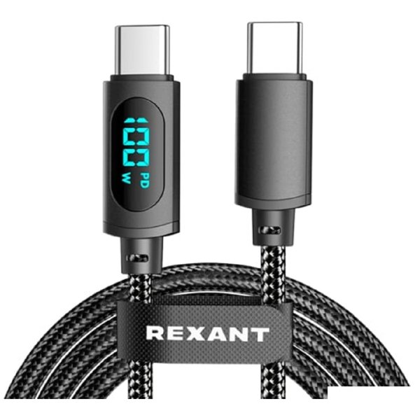 Rexant (18-7074) Кабель Type-C – Type-С, 5A, 100Вт, 1м, в черной нейлоновой оплетке, с LED дисплеем