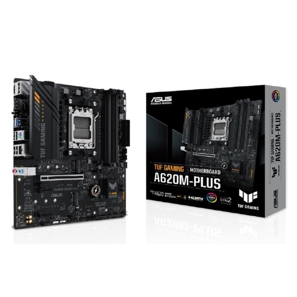 ASUS TUF GAMING A620M-PLUS (Socket AM5, mATX, 4xDDR5(128GB), 2xDP/HDMI, 1xPCIe 4.0x16/2xPCIe 3.0, 1xLAN (2.5GbE), 4xSATA 6Gb/s, 2xM.2, 2xUSB 3.2, 4xUSB 2.0, 1xPS/2)