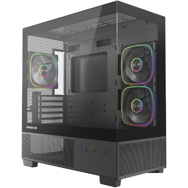 Powercase Корпус Vision Micro S4B, Tempered Glass, Type-C, 3x 120mm ARGB PWM Fan, ARGB+PWM HUB, чёрный, mATX  (CVMMSHB-A3)