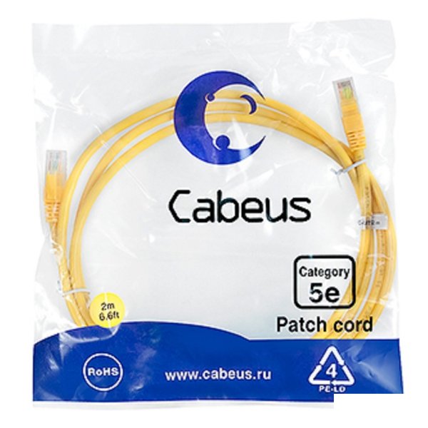 Cabeus PC-UTP-RJ45-Cat.5e-2m-YL-LSZH Патч-корд U/UTP, категория 5е, 2xRJ45/8p8c, неэкранированный, желтый, LSZH, 2м
