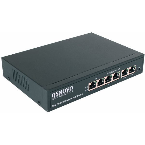 Коммутатор/ OSNOVO Passive PoE коммутатор 6 портов, 4 PoE порта 10/100 Base-T, 2*10/100 Base-T Uplink, до 30W на порт (SW-20600/A(80W))