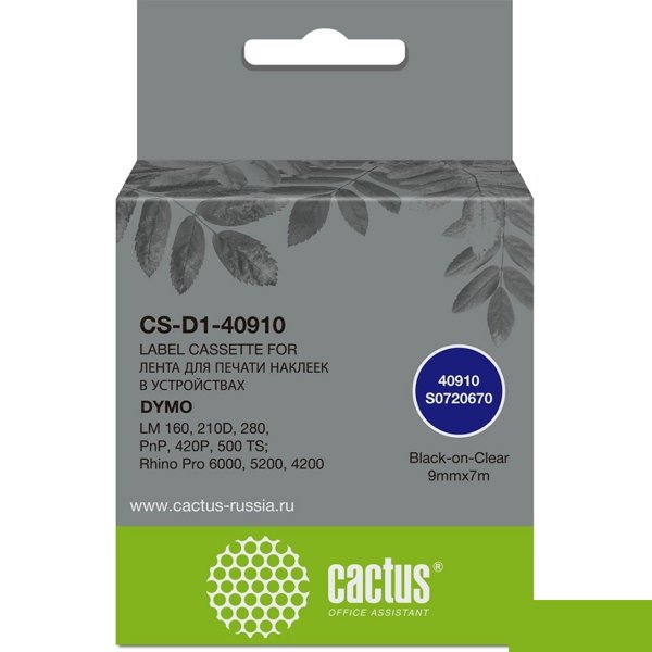 Картридж ленточный Cactus CS-D1-40910 40910 для Dymo LM 160, 210D, 280, PnP, 420P, 500 TS; Rhino Pro 6000, 5200, 4200