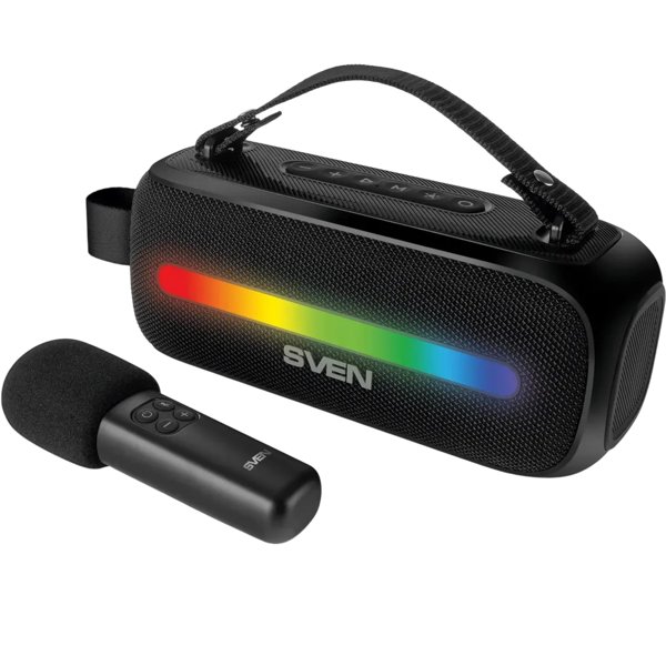 SVEN PS-255, черный (12 Вт, Bluetooth, FM, USB, караоке микрофон, 3600мА*ч)