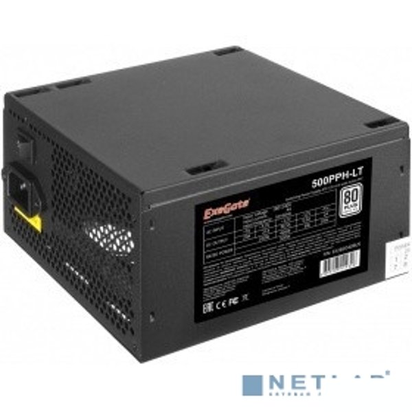 Exegate EX282040RUS-S Блок питания 500W ExeGate 500PPH-LT-S, RTL, 80+, ATX, black, APFC, 12cm, 24p, (4+4)p, 5*SATA, 3*IDE, с защитой от выдергивания