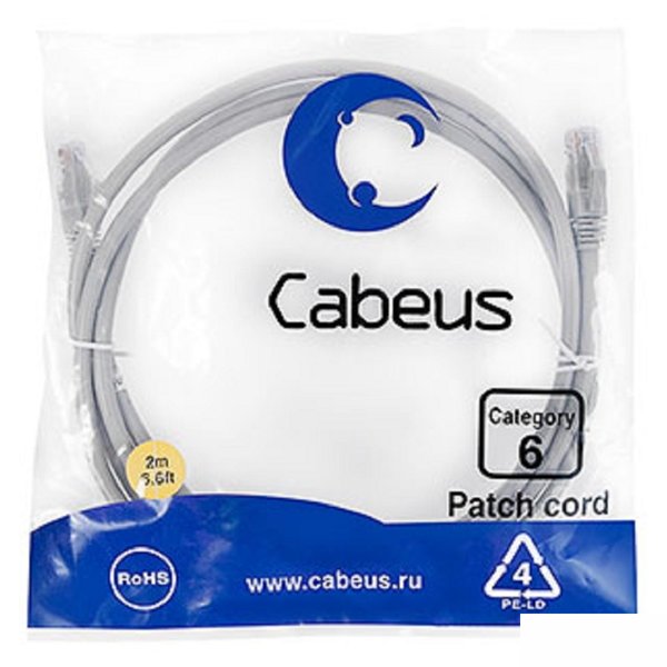 Cabeus PC-UTP-RJ45-Cat.6-2m Патч-корд U/UTP, категория 6, 2xRJ45/8p8c, неэкранированный, серый, PVC, 2м