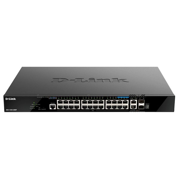 D-Link DGS-1520-28MP/A1A Управляемый L3 стекируемый коммутатор с 20 портами 10/100/1000Base-T, 4 портами 100/1000/2.5GBase-T, 2 портами 10GBase-T и 2 портами 10GBase-X SFP+ (PoE-бюджет 370 Вт)