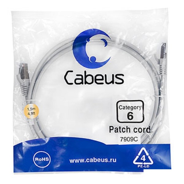 Cabeus PC-FTP-RJ45-Cat.6-1.5m-LSZH Патч-корд F/UTP, категория 6, 2xRJ45/8p8c, экранированный, серый, LSZH, 1.5м
