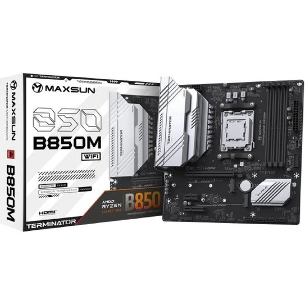 MAXSUN MS-Terminator B850M WIFI (Socket AM5, mATX, 4*DDR5(192Gb), DP/HDMI,  4*SATA3, 2*M.2,  1*PCIEx16/1*PCIEx4/1*PCIEx1, 4*USB2.0, 4*USB 3.0, 1*Type-C, LAN 1*2,5G, Bluetooth,  Wi-Fi 802.11ax, RTL)