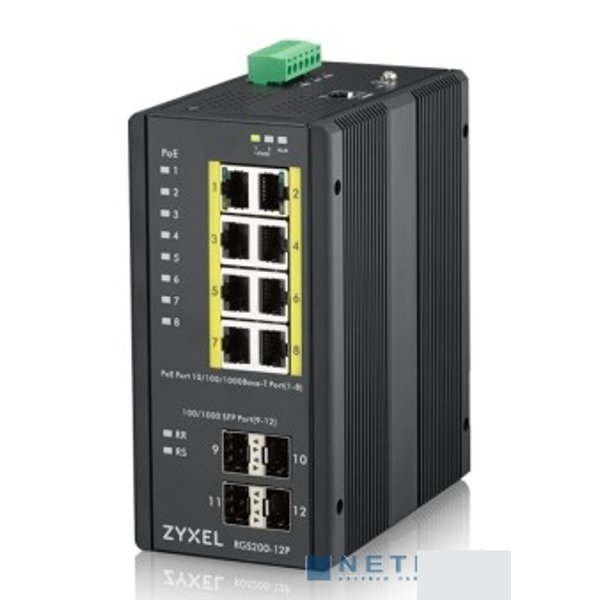 ZYXEL RGS200-12P-ZZ0101F Промышленный L2 PoE+ коммутатор RGS200-12P, 8xGE PoE+, 4xSFP, крепление на стену/DIN-рейку, IP30, два источника питания DC, бюджет PoE 240 Вт