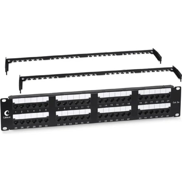 Cabeus PL2-48-Cat.5e-Dual IDC Патч-панель 19" (2U), 48 портов RJ-45, категория 5e, Dual IDC, с задним кабельным организатором