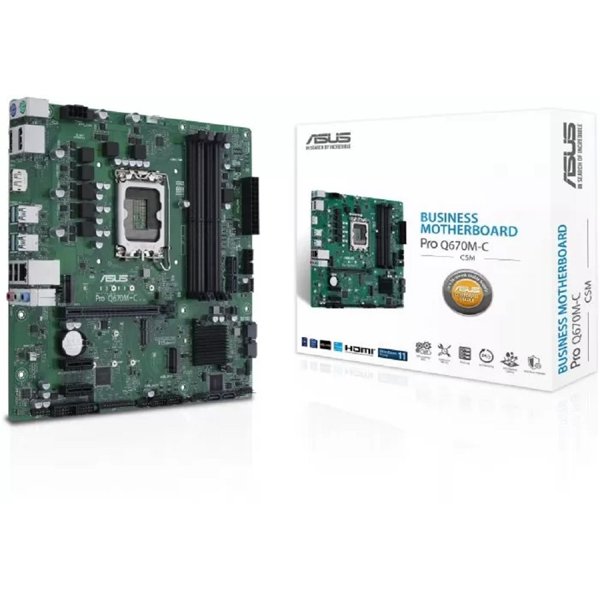 ASUS PRO Q670M-C-CSM (Socket 1700, mATX, 4xDDR5(128GB), 2xDP/HDMI, 1xPCIe 4.0x16,/1xPCIe 3.0, 1xLAN, 6xSATA 6Gb/s, 2xM.2, 1xM.2 E key, 4xUSB 3.2, 2xUSB 2.0, 2xPS/2)