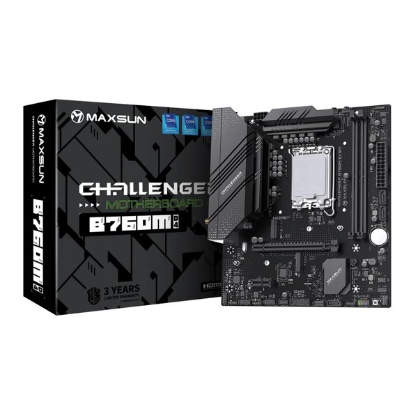 MAXSUN MS-Challenger B760M D4 WIFI (Socket 1700, mATX, 2*DDR4(64b), DP/HDMI, 3*SATA3, 2*M.2, 1xPCI-E x16 /1xPCI-E x1, 2*USB 2.0, 4*USB 3.2 GEN1, LAN 1*1G, Bluetooth 5.2, Wi-Fi 802.11ax, RTL)