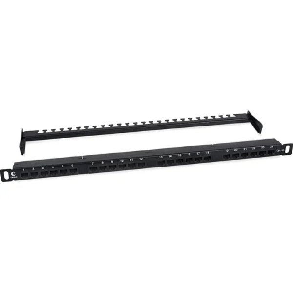 Cabeus PLHD-24-Cat.6a-Dual-180-0,5U Патч-панель высокой плотности 19" (0,5U), 24 порта RJ-45, категория 6a, Dual IDC,180 градусов, с задним кабельным организатором
