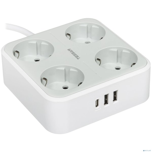 TESSAN TS-302-C Grey Сетевой фильтр с 4 розетками 220В и 3 USB портами и кнопкой питания {80003703}