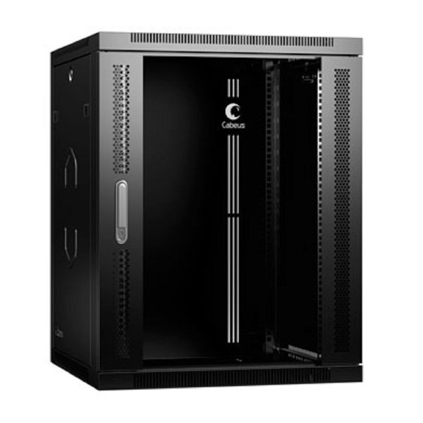 Cabeus SH-05F-15U60/60-R-BK Шкаф телекоммуникационный настенный разобранный 19" 15U 600x600x769mm (ШхГхВ) дверь стекло, цвет черный (RAL 9004)